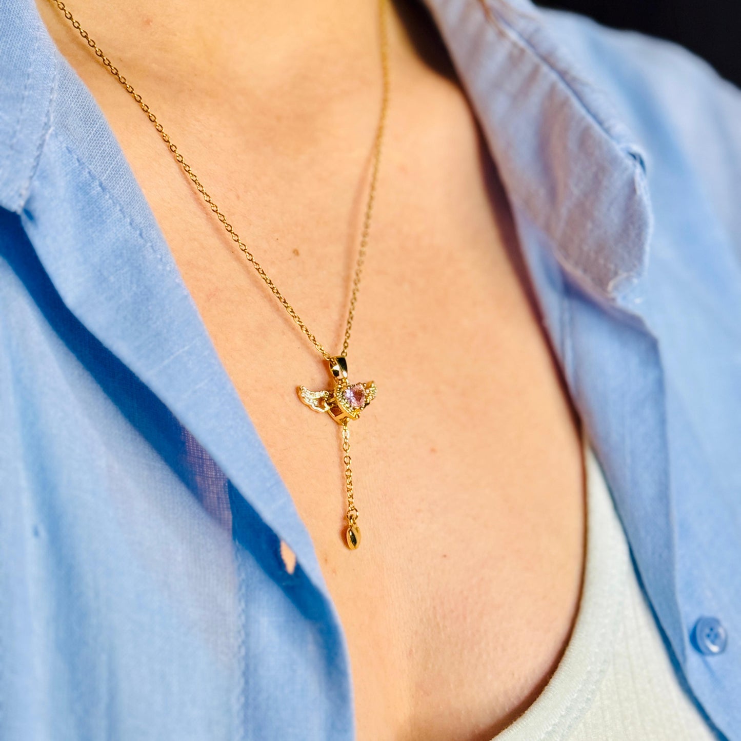 Altın Kaplama Melek Kanatlı Kalpli Kolye - Gümüş & Gold